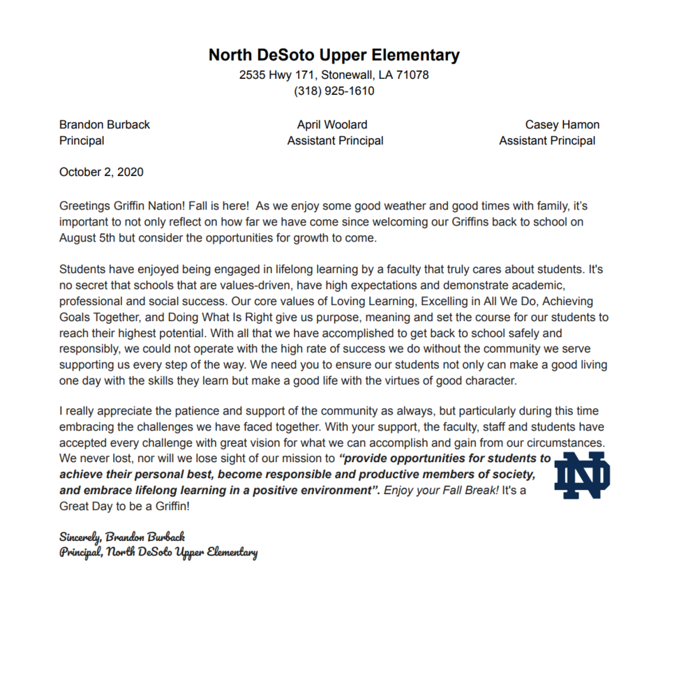 A Message From Mr. Burback As We Enter Fall Break
