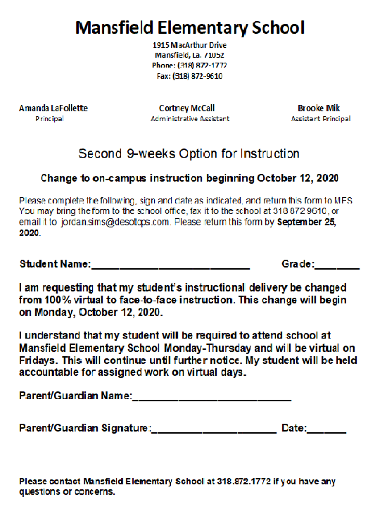 2nd Nine Weeks Option for Instruction