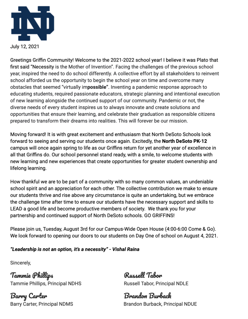 Principal Letter